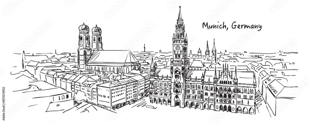 Fototapeta premium Munich Germany City Skyline Sketch with Marienplatz, Frauenkirche, and New Town Hall Hand Drawn Illustration