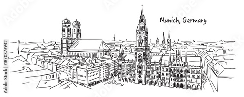 Munich Germany City Skyline Sketch with Marienplatz, Frauenkirche, and New Town Hall Hand Drawn Illustration