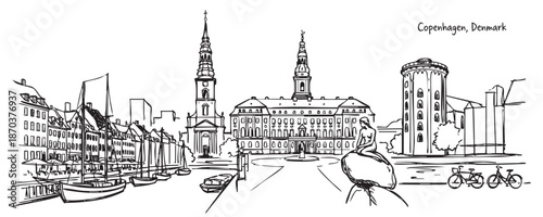Copenhagen Denmark City Skyline Sketch with Nyhavn Harbor, Little Mermaid Statue, and Historic Towers Hand Drawn Illustration