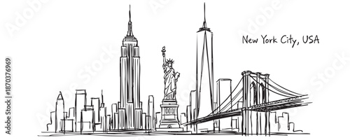 New York City USA Skyline with Statue of Liberty Empire State and Brooklyn Bridge Hand Drawn Sketch Illustration