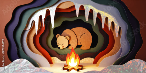 Cozy hibernating bear in winter cave with campfire, layered paper cut forest illustration for kids book and nursery decor