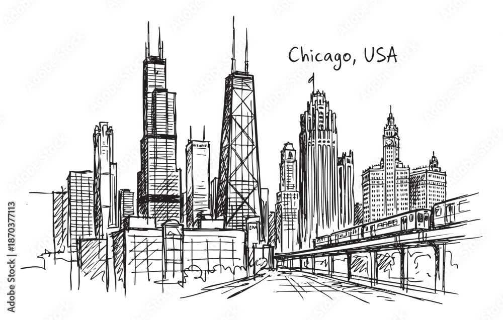 Obraz premium Chicago USA City Skyline with Willis Tower and Elevated Train Tracks Hand Drawn Sketch Illustration