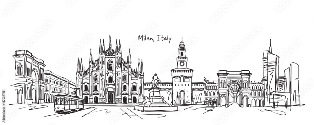 Obraz premium Milan, Italy Skyline Sketch Featuring Duomo Cathedral, Tram, and Historic Landmarks