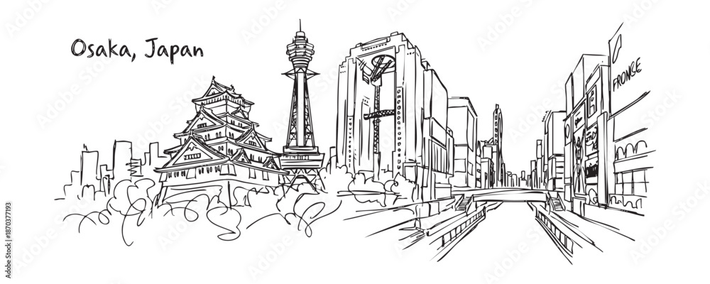 Fototapeta premium Osaka, Japan Cityscape Sketch with Castle, Tsutenkaku Tower, and Canal District