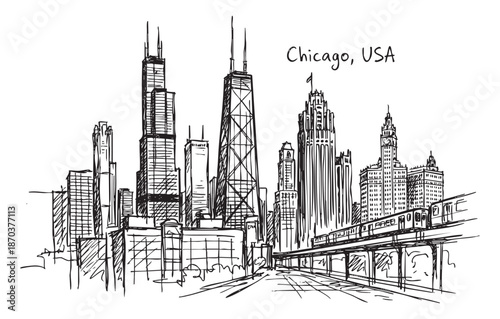 Chicago USA City Skyline with Willis Tower and Elevated Train Tracks Hand Drawn Sketch Illustration