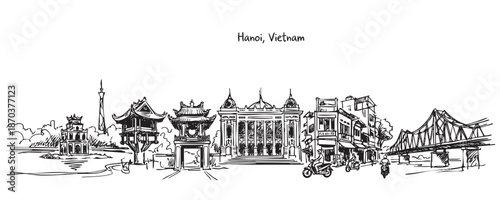 Hanoi Vietnam City Skyline with Pagodas Opera House and Long Bien Bridge Hand Drawn Sketch Illustration
