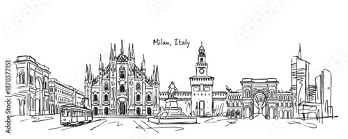 Milan, Italy Skyline Sketch Featuring Duomo Cathedral, Tram, and Historic Landmarks