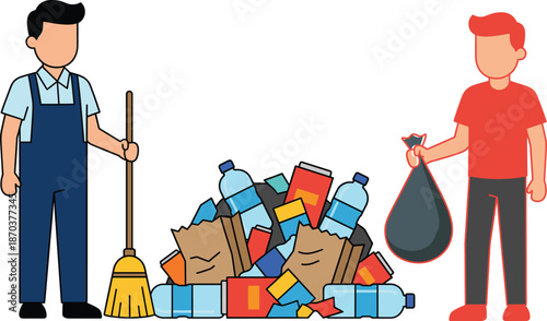 Faceless flat line art vector illustration of two men cleaning a pile of trash and plastic waste for environmental protection concept