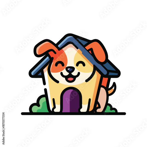 A cute dog standing in front of a doghouse