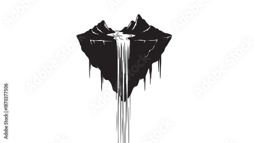 Mountain Waterfall in Black and White: A stylized, monochrome illustration showcases a mountainous island with a cascading waterfall, emphasizing the interplay of solid and negative space.