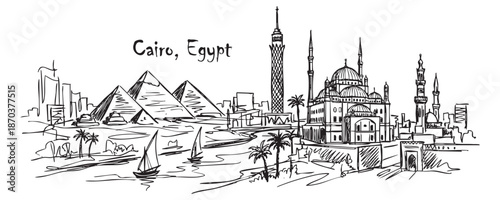 Cairo, Egypt Landmark Line Drawing with Pyramids, Mosques, and Nile River Feluccas