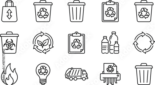 Set of fifteen outline icons representing recycling waste management sustainability ecology garbage disposal bin plastic bottle truck and environmental protection.