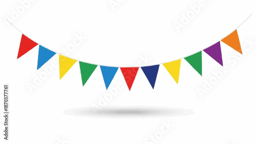 Colorful triangular flags strung together on a white background.
