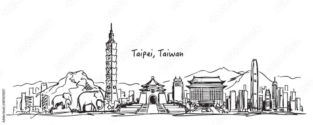 Fototapeta premium Taipei, Taiwan Skyline Line Drawing with Taipei 101 and Memorial Hall