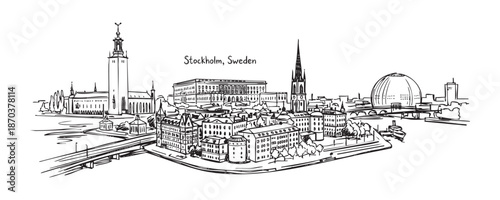 Stockholm, Sweden Cityscape Line Drawing with City Hall and Gamla Stan