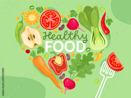 Banner or card design for a vegan shop, market, cafe. 
Various fresh vegetables are arranged in the shape of a heart, inscription "healthy food". Radish, Chinese cabbage, sweet pepper, carrot, tomato.