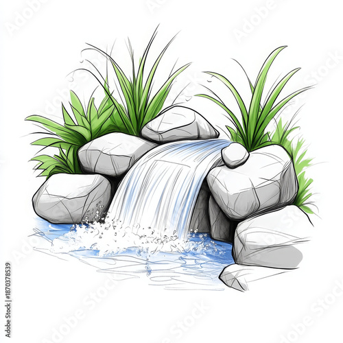 Wallpaper Mural Hand drawn waterfall rocks plants water splash peaceful nature scene illustration Torontodigital.ca
