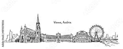Vienna, Austria Skyline Sketch Featuring St. Stephen's Cathedral and Prater Ferris Wheel