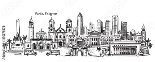 Manila, Philippines Cityscape Line Art with Rizal Monument, Cathedral and Old Town