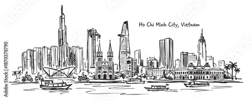 Ho Chi Minh City, Vietnam Skyline Line Art with Bitexco Tower and Cathedra