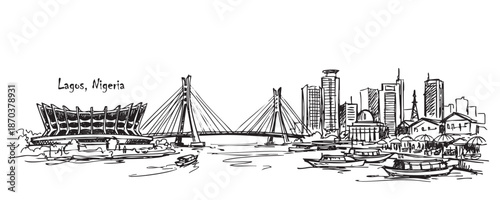 Obraz na plátně Lagos, Nigeria Skyline Line Drawing with National Arts Theatre and Lekki-Ikoyi B