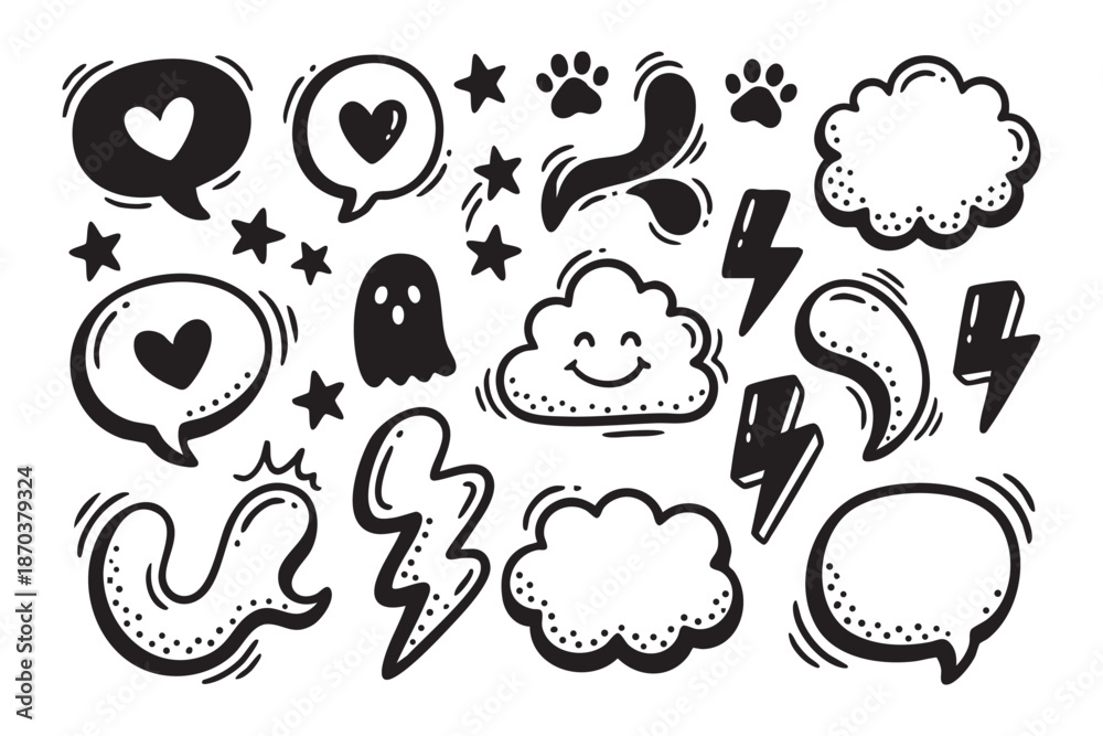 Fototapeta premium Collection of Cute Hand Drawn Doodle Elements Including Clouds and Speech Bubbles
