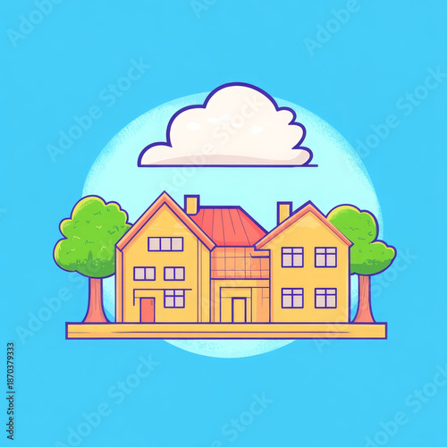 Wallpaper Mural Cartoon house tree cloud blue sky roof window cheerful colorful illustration Torontodigital.ca