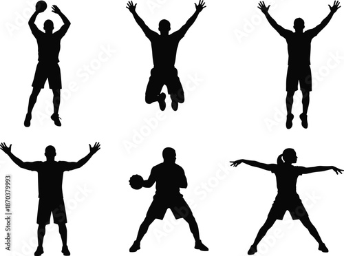 Basketball player jumping silhouette vector set showing shooting, celebrating and defensive poses for sports training, fitness and competition design concepts.
