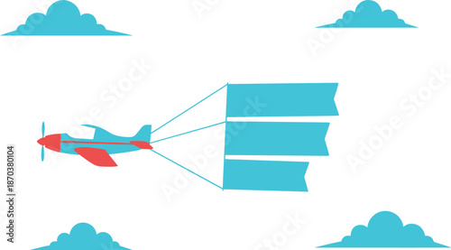 Flat Vector Illustration of Airplane Flying in Sky with Blank Banners for Message Text Promotion Marketing Advertising and Air Show Announcement
