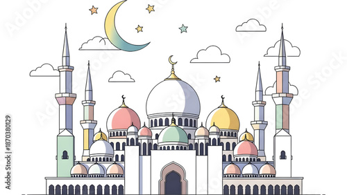 Vector illustration of a magnificent mosque with domes and minarets, crescent moon and stars