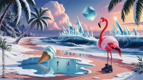 Surreal winter tropical beach with ice skating flamingo, giant ice cream cone, crystal waves and pastel sunset fantasy landscape