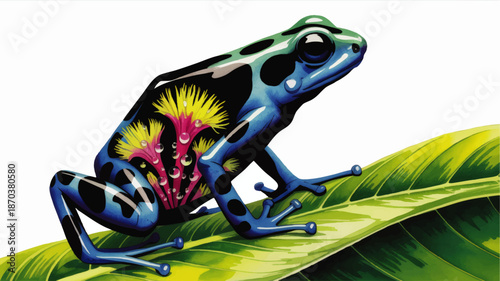 Vibrant blue poison dart frog illustration with tropical flowers and water drops on leaf, colorful rainforest wildlife art