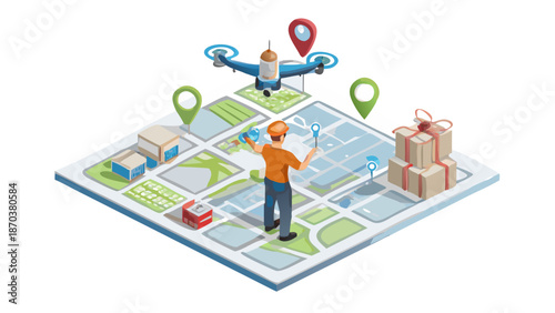 Delivery worker using map with drone for package transport