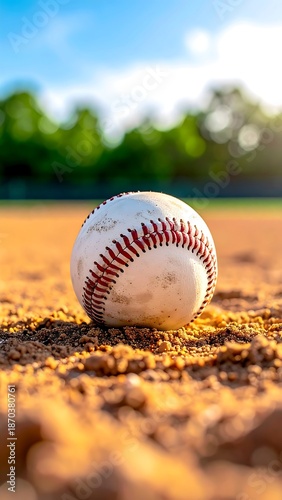 Close-up of baseball resting on infield dirt under a sunny sky
