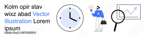 Business planning, time management, idea development, data analysis, workflow optimization, productivity tools. A clock, man with a lightbulb and briefcase magnifying glass and graph. Business
