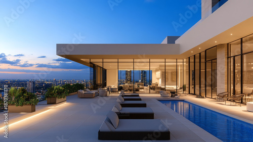 Wallpaper Mural Modern rooftop terrace with luxury pool, cityscape view, sunset sky, and elegant outdoor lounge Torontodigital.ca