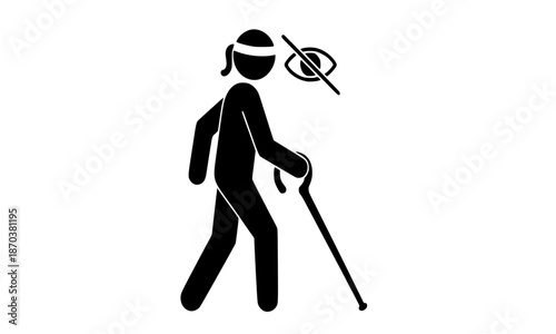 Blind Man Walking with White Cane Icon, Visually Impaired Person Stick Figure Silhouette with Blindfold, Disability Accessibility and Inclusion Symbol, Vector Black and White Minimalist Sign Art