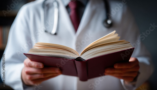 Male doctor in white coat holding a thick hardcover book with cream-colored pages and a textured cover, close-animated movie of hands and book