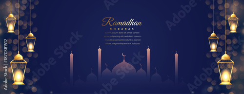 Ramadan mubarak islamic greeting card with mosque and lanterns