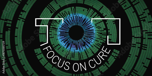 Futuristic medical technology eye with digital data rings and text I Focus on Cure, innovation and healthcare concept on black