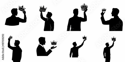 A collection of silhouette illustrations showing men holding, reaching for, or examining different types of crowns, symbolizing ambition, power, and achievement.