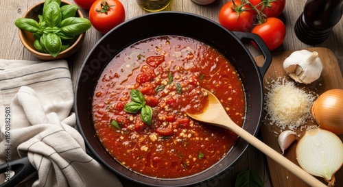 Homemade marinara sauce simmered in a cast iron skillet with fresh ingredients and rustic