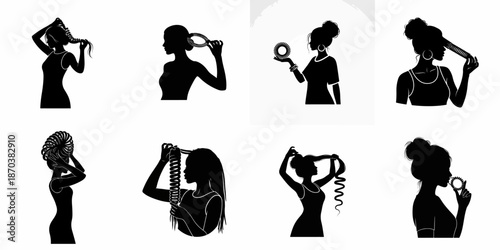 Black silhouettes of women posing and styling hair using coiled spiral scrunchies, representing modern beauty and hair accessory trends.