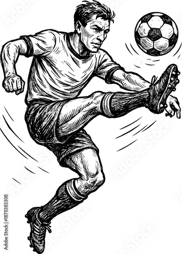 Vintage soccer player kicking ball mid air, retro sports poster style, dynamic pose, vector.