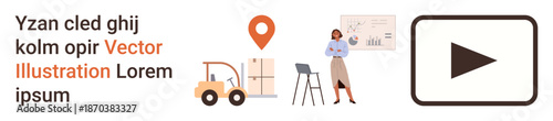 Business tools, logistics operations, data analysis, digital media, online tutorials, educational content. Forklift with a package, chart board and play button. Logistics and data analysis concepts