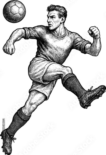 Vintage soccer player kicking ball mid air, retro sports poster style, dynamic pose, vector.