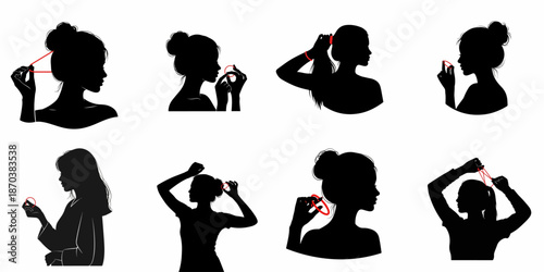 Set of eight black silhouettes illustrating women fixing and styling their hair, using a hair elastic to create buns, ponytails, and updo hairstyles.