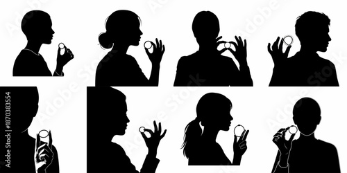 Vector silhouettes of diverse people holding a contraceptive ring, illustrating birth control options, personal health management, and reproductive choices.