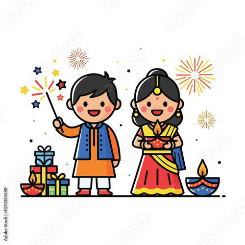 A cartoon boy and girl in traditional Indian attire celebrating a festival