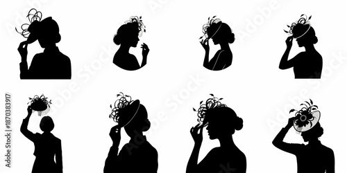 Black Silhouettes Collection of Women in Elegant Headwear and Fascinator Hats for High Society Events.